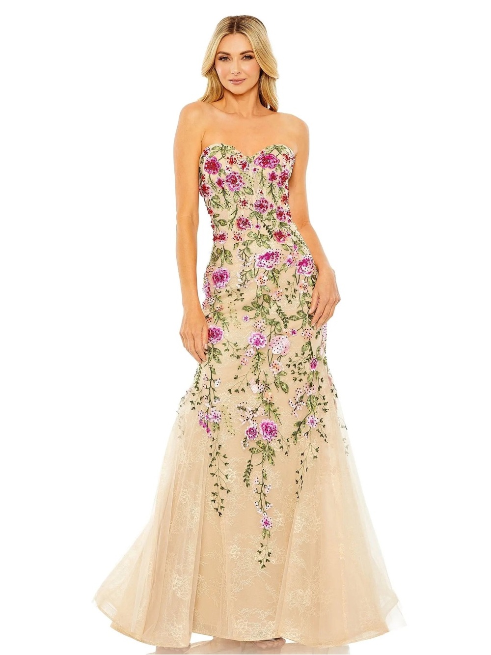 Mac Duggal 20652 Beige Strapless Bustier Floral Embroidered Mermaid Gown Size 4